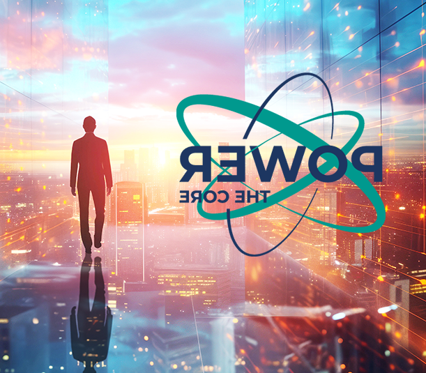 Power the Core logo in a city landscape